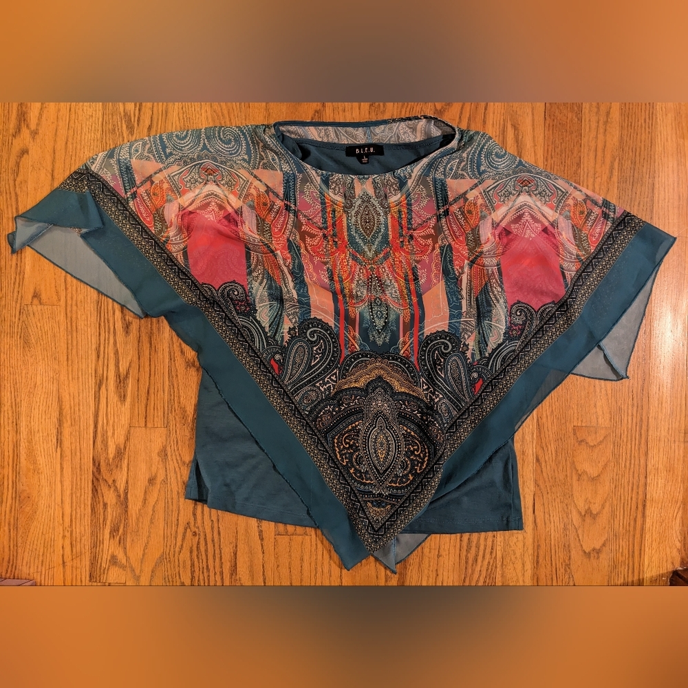 B.L.E.U. Teal Chiffon Scarf Handkerchief Overlay Paisley Print Tank Top sz L - Picture 11 of 11